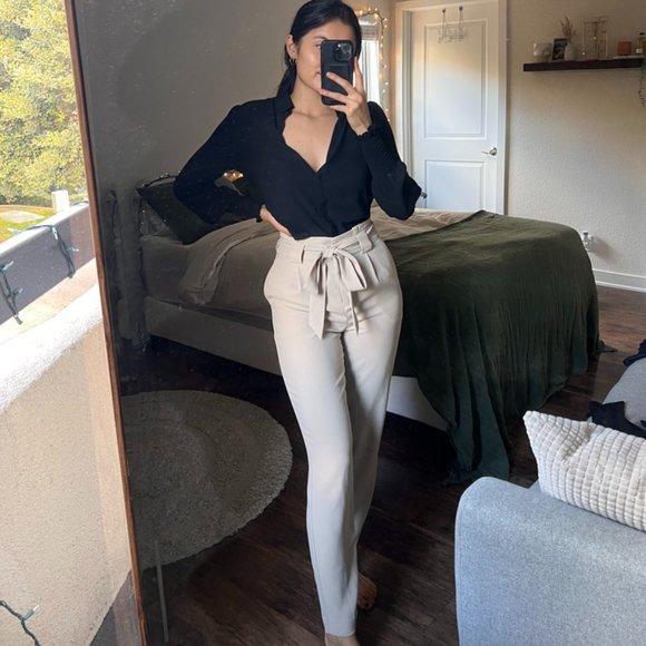 Express Pants - High Waisted Paperbag Ankle Pant - Khaki - 0 Long